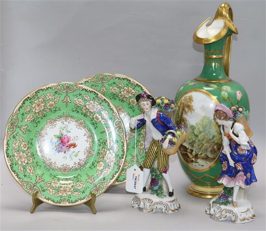 A pair of Samson figures of harvesters, a Victorian ewer and a pair of Wedgwood plates ewer height 40cm